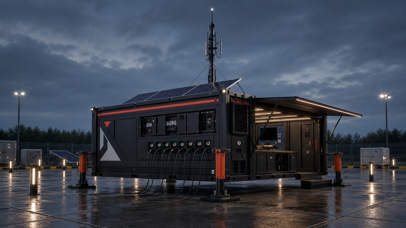 Large Conterbase emergency hub container with expanded service bay, mast and roof systems