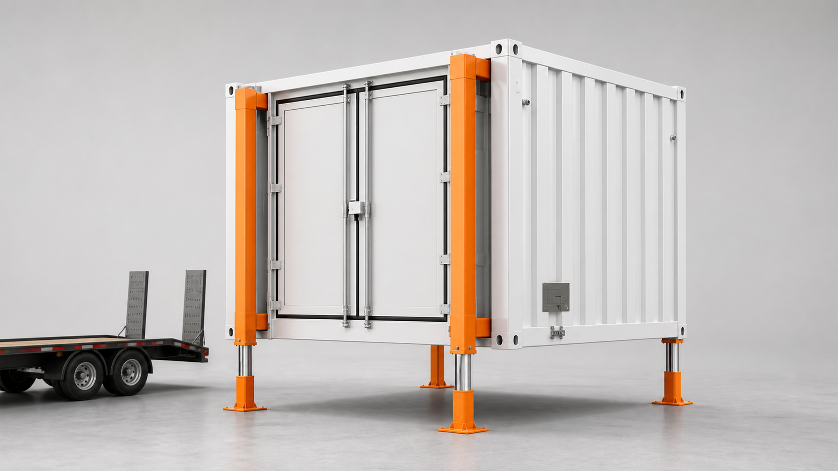 Conterbase container deployed independently on hydraulic feet in a crisis zone