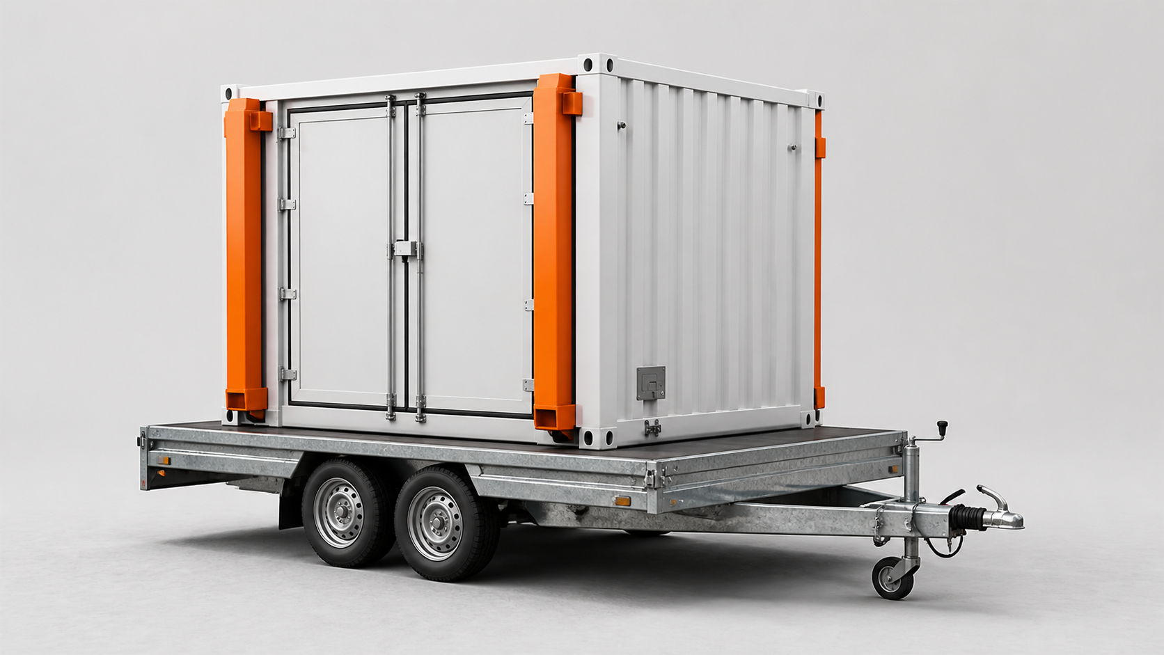 Conterbase container on a trailer with orange hydraulic feet retracted for transport